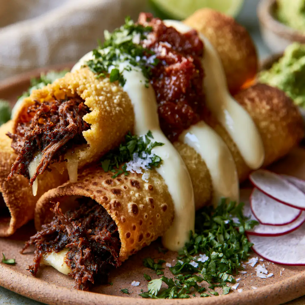 Beef Taquitos: The Ultimate Shatter-Crisp Golden-Brown Recipe 2 Macro shot of three golden-brown crispy beef taquitos with tiny air bubbles and Mexican crema drizzle. (beef taquitos)