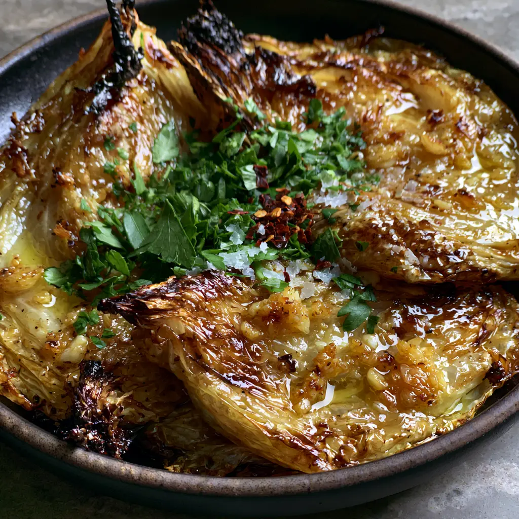 Melting Cabbage with Searing Garlic Butter and Charred Edges 2 Detailed smartphone photo of thick roasted melting cabbage wedges with golden-brown caramelized tips and garlic bits.