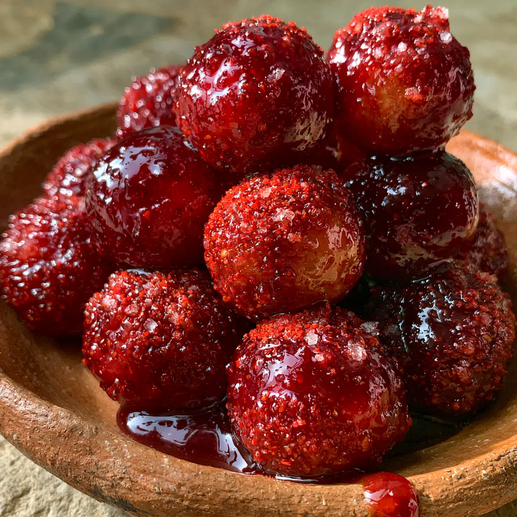 Spicy Mexican Donkey Balls: The Ultimate Dulce Enchilado Recipe 2 Macro shot of spicy mexican donkey balls showing the glistening dark red glaze and fine chili-lime grains.