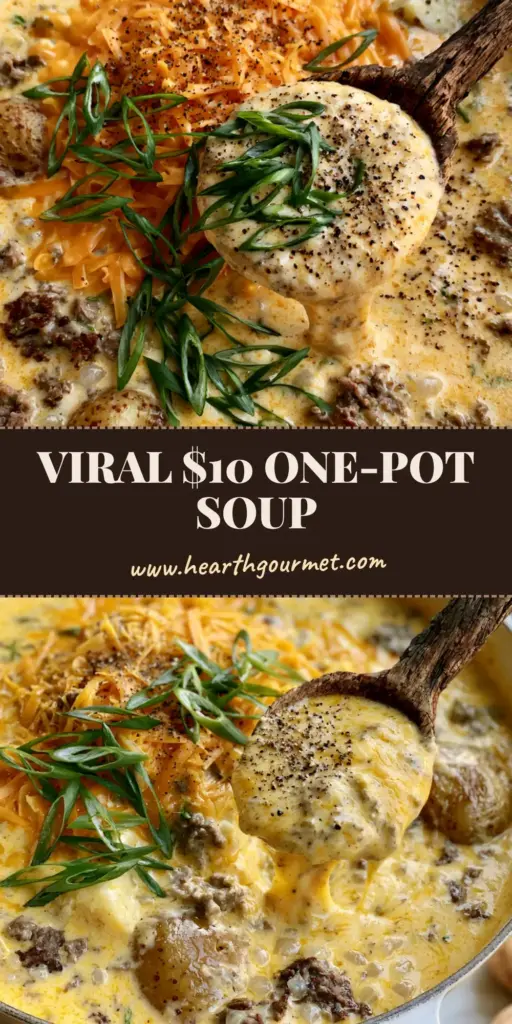 A close-up vertical shot of a rustic Dutch oven filled with Creamy potato and hamburger soup, featuring melting cheddar cheese and a wooden spoon lifting a scoop with a cheese pull.