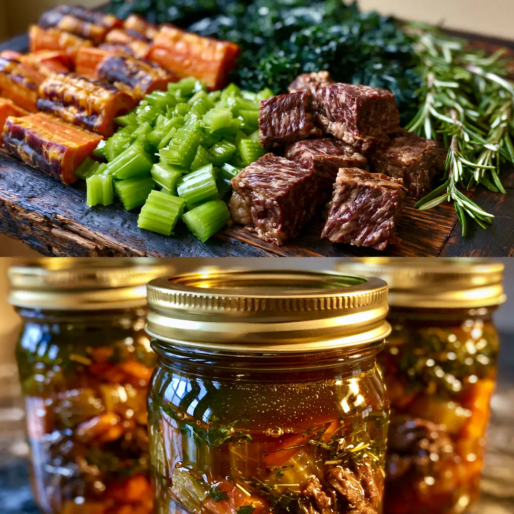 Three glass Mason jars filled with hearty beef and vegetable stew submerged in amber broth.