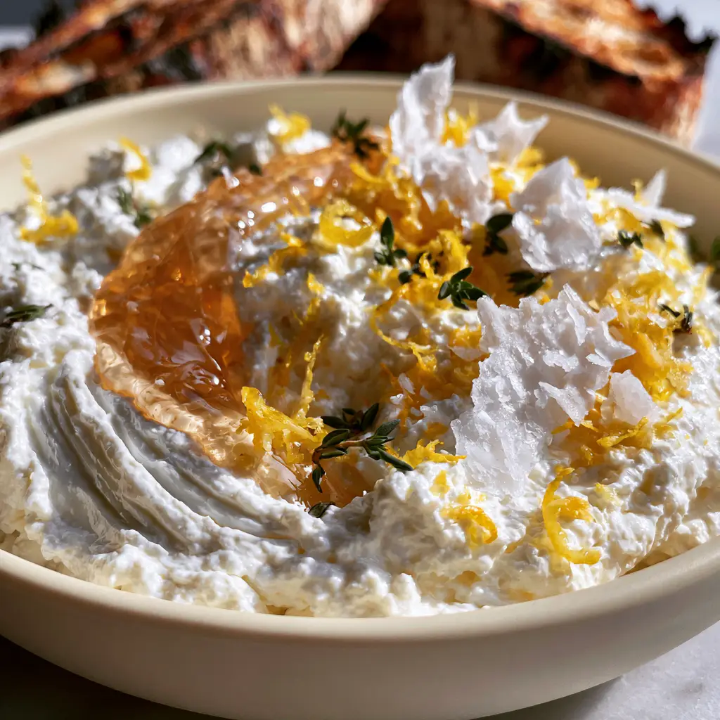 Lemon Whipped Ricotta: The Ultimate Creamy Appetizer for Sourdough 2 Extreme close-up of Lemon Whipped Ricotta showing deep spoon ridges, honey, and fresh thyme.