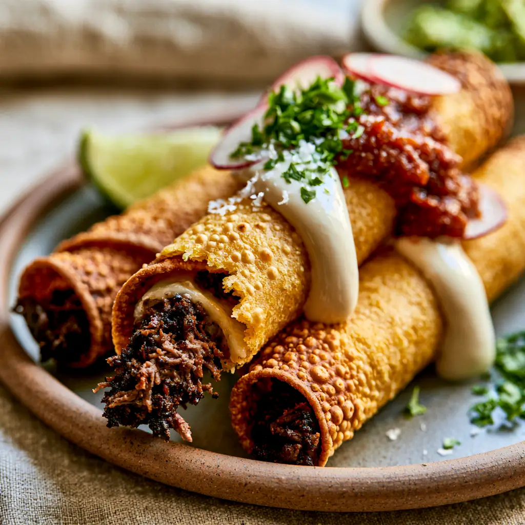 Beef Taquitos: The Ultimate Shatter-Crisp Golden-Brown Recipe 1 Eye-level shot of beef taquitos garnished with chunky roasted red salsa and thin radish slices. (beef taquitos)
