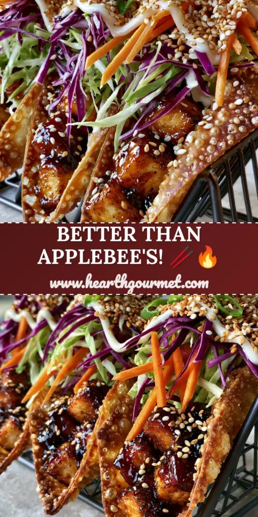 Three crispy chicken wonton tacos standing upright in a black wire holder with vibrant purple slaw and white sauce drizzle. (chicken wonton tacos)