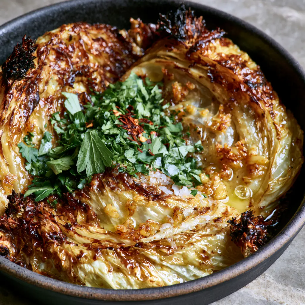 Melting Cabbage with Searing Garlic Butter and Charred Edges 1 Melting cabbage wedges nestled in a matte black ceramic dish, garnished with fresh parsley and red pepper flakes.