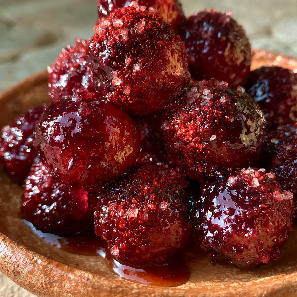 Spicy Mexican Donkey Balls: The Ultimate Dulce Enchilado Recipe 1 A stack of red chewy candies coated in chamoy and seasoning in a terracotta bowl.