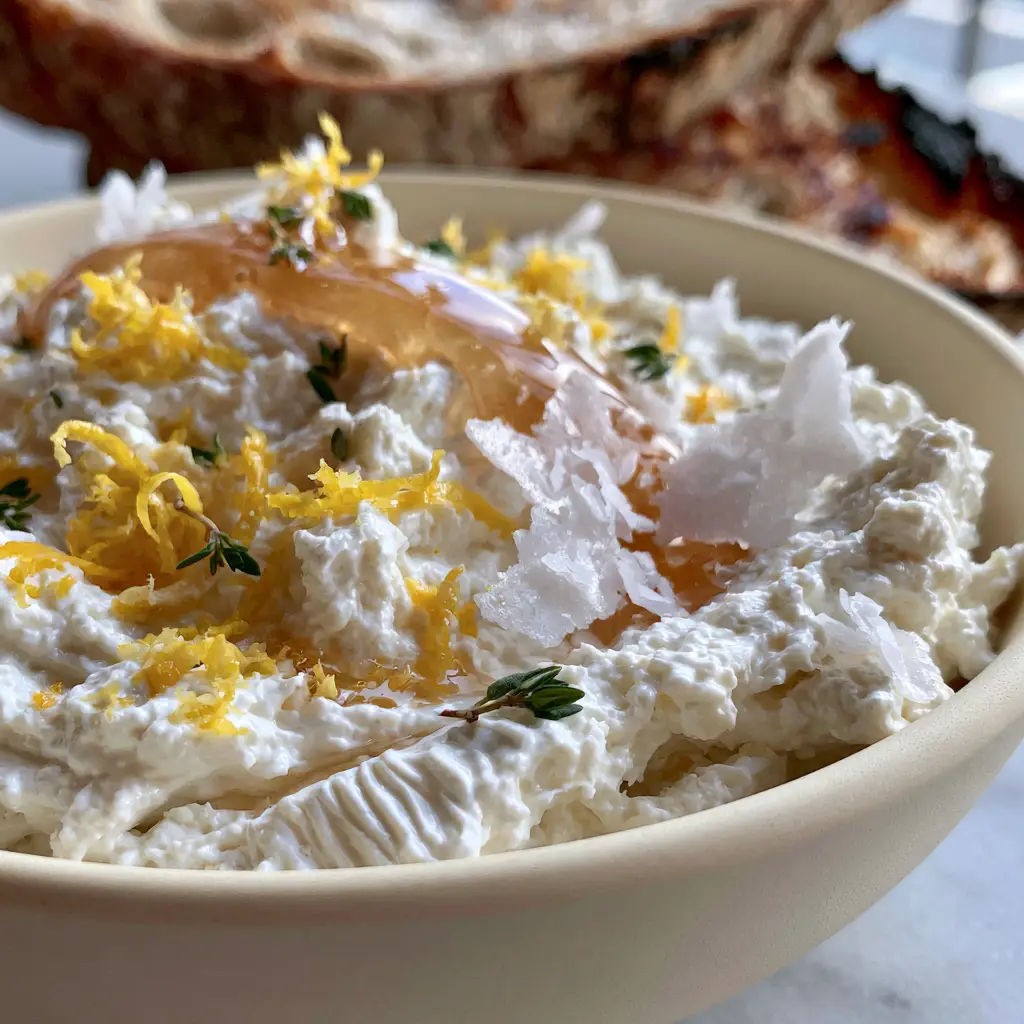 Lemon Whipped Ricotta: The Ultimate Creamy Appetizer for Sourdough 1 A shallow ceramic bowl of Lemon Whipped Ricotta with glistening honey and charred sourdough bread.