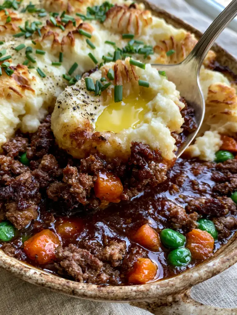 The Ultimate Shepherd's Pie Recipe with Mahogany Gravy and Golden Peaks 2 Close up of seared ground beef and vibrant vegetables in a Shepherd's Pie recipe.