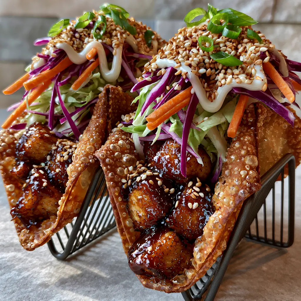Side view of chicken wonton tacos in a taco holder showing the shattered-glass crunch texture and creamy white sauce drizzle.
