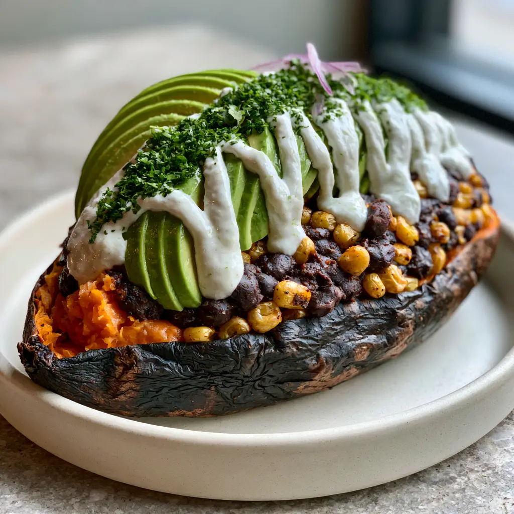 Black Bean Stuffed Sweet Potatoes with Zesty Lime Crema 2 Close up of black bean stuffed sweet potatoes showing the caramelized wrinkled skin and thick zigzag of lime crema drizzle.
