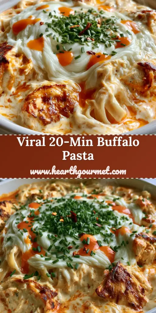 A top-down view of buffalo chicken alfredo pasta in a white pot with melted mozzarella and green chives. (buffalo chicken alfredo pasta)