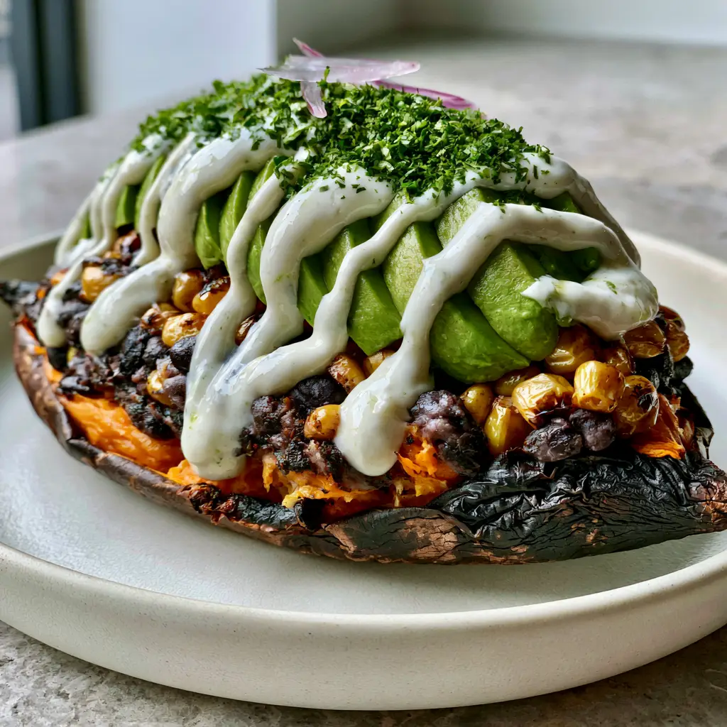 Black Bean Stuffed Sweet Potatoes with Zesty Lime Crema 1 Handheld photo of a sweet potato stuffed with seasoned black beans, golden corn, and buttery avocado fans on a matte plate.