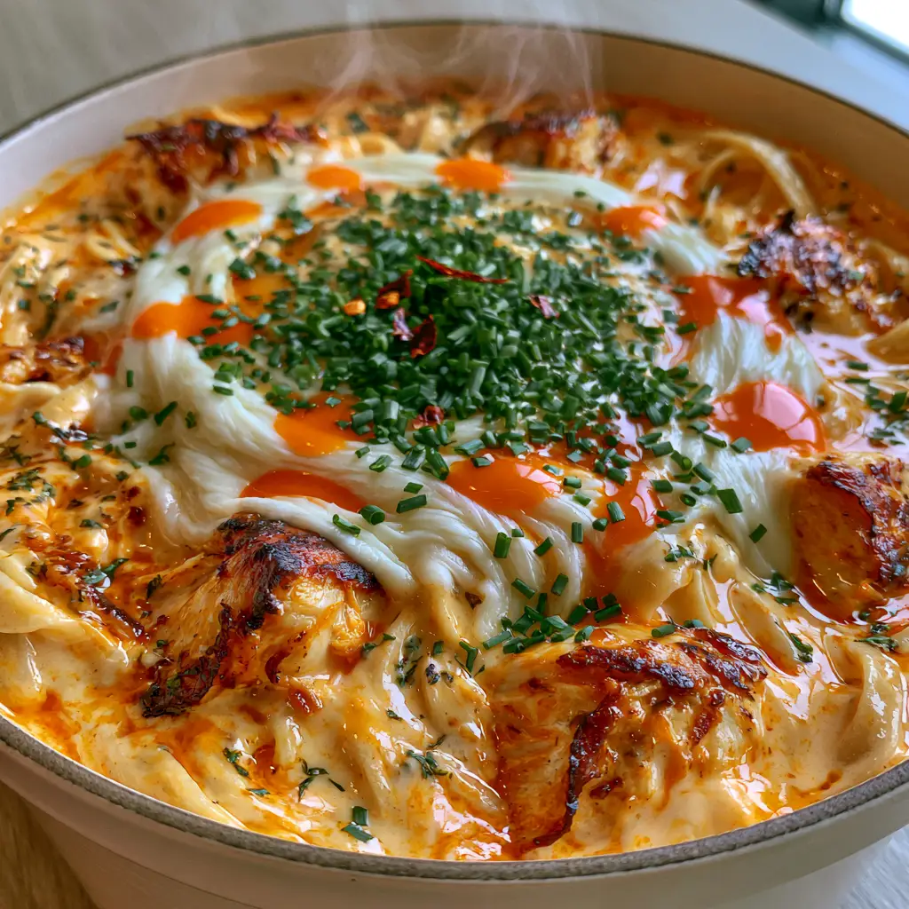 Close up of seared golden chicken chunks and melted mozzarella swirls in orange sauce. (buffalo chicken alfredo pasta)