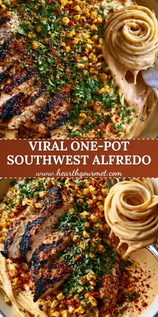 Southwest Chicken Alfredo with Smoky Chipotle Cream Sauce 4 A top-down view of Southwest chicken alfredo in a cream skillet with charred corn and cilantro. (Southwest chicken alfredo)