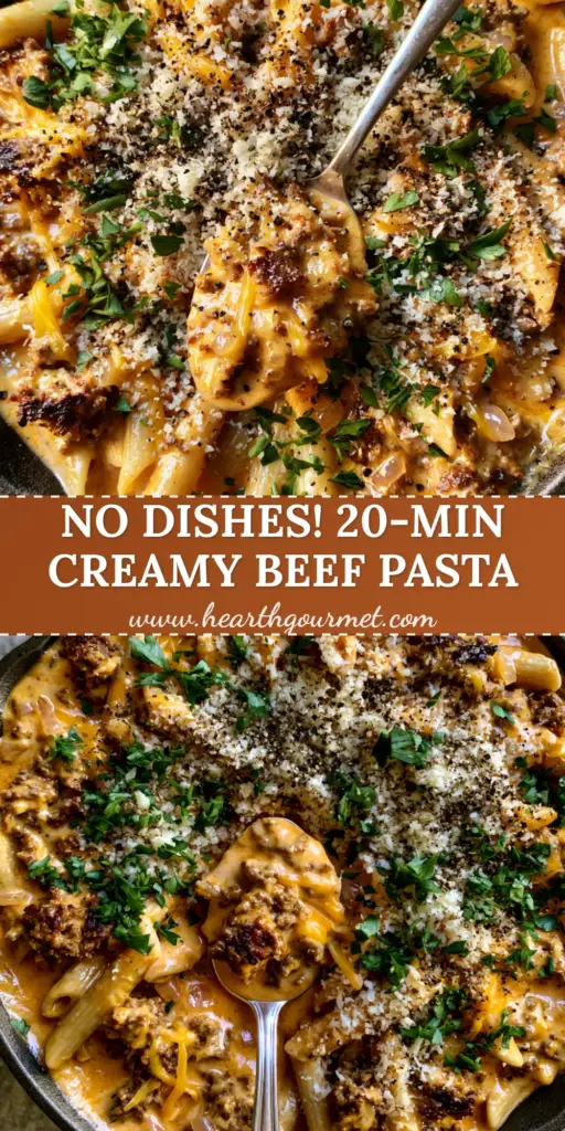 Creamy Beef Pasta with Sharp Cheddar and Seared Ground Beef 4 A top-down view of creamy beef pasta in a cast iron skillet with melted sharp cheddar strings, parsley, and coarse black pepper.
