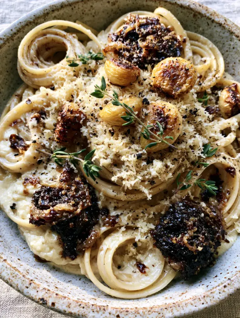 Caramelized Onion Pasta with Roasted Garlic and Silky Parmesan Cream 1 Overhead extreme close-up of linguine pasta with roasted golden garlic and fresh thyme sprigs. (Caramelized Onion Pasta)