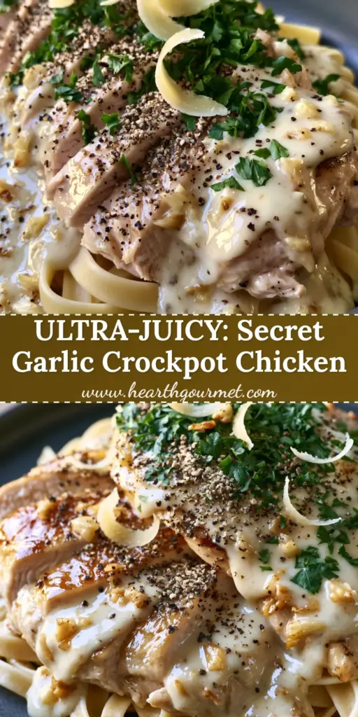A top-down view of sliced seared chicken breast over fettuccine in a thick garlic cream sauce on a charcoal plate. (slow cooker creamy chicken)