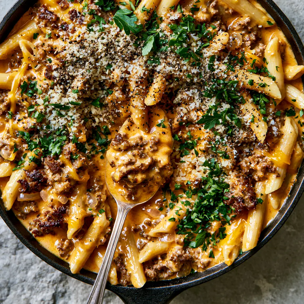 Creamy Beef Pasta with Sharp Cheddar and Seared Ground Beef 2 Close-up of seared ground beef crumbles and al dente penne coated in a silky orange cream sauce. (creamy beef pasta)