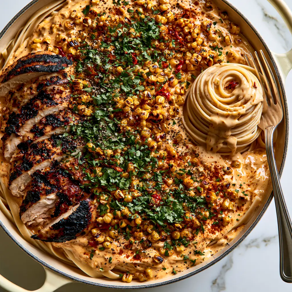 Southwest Chicken Alfredo with Smoky Chipotle Cream Sauce 1 Southwest chicken alfredo topped with blackened chicken and charred golden corn in a cast iron skillet.