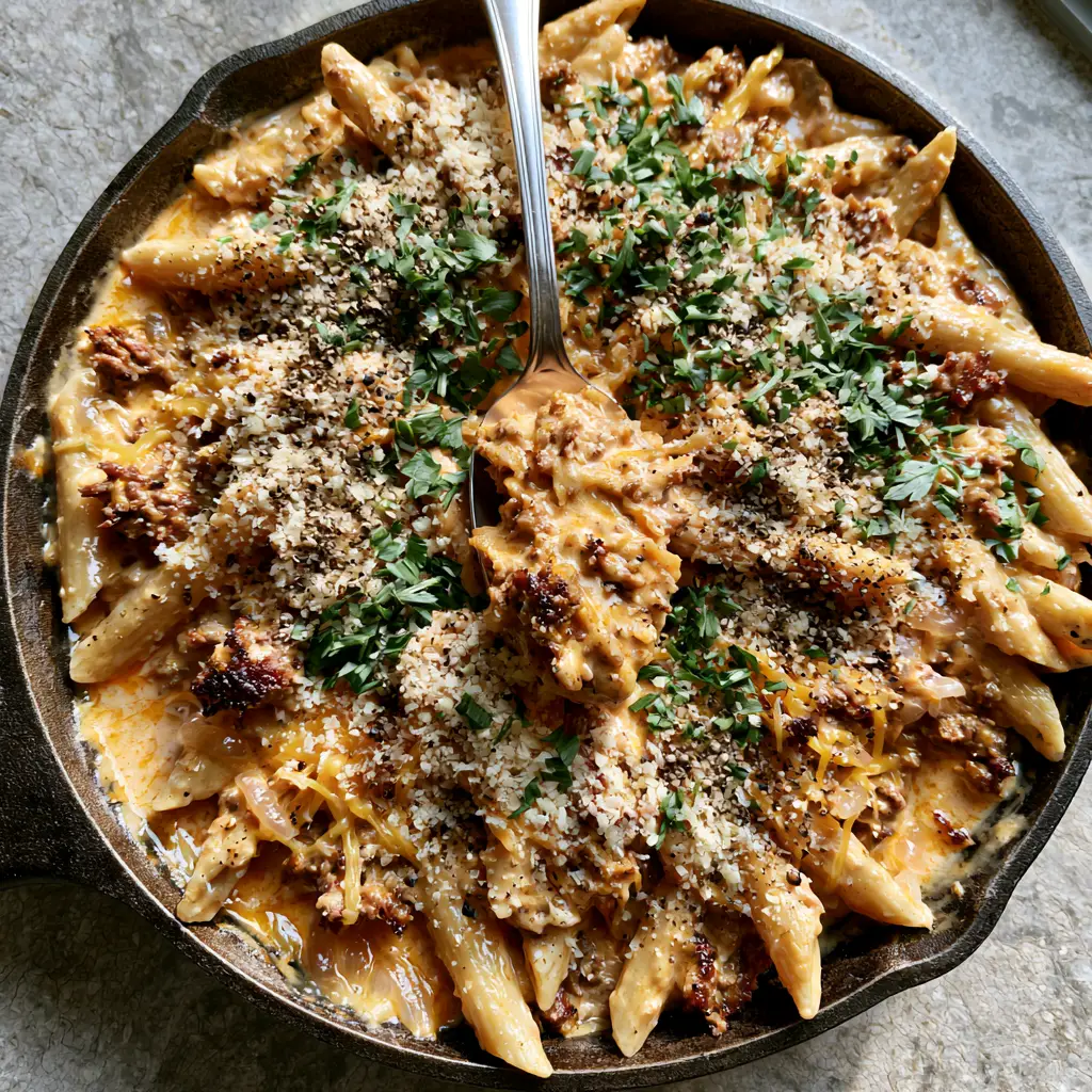 Creamy Beef Pasta with Sharp Cheddar and Seared Ground Beef 1 A silver spoon lifting a portion of creamy beef pasta to show the thick sauce consistency and melted cheddar.