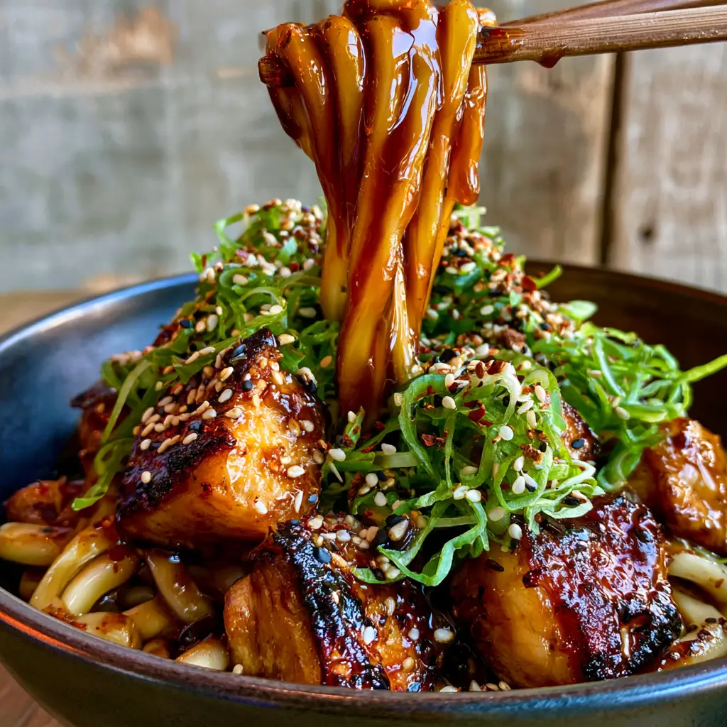Close-up of charred chicken thigh chunks nestled among thick udon noodles with red chili flakes and sesame seeds.