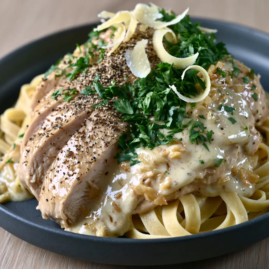 Close-up of al dente fettuccine topped with minced roasted garlic and fresh forest-green parsley. (slow cooker creamy chicken)