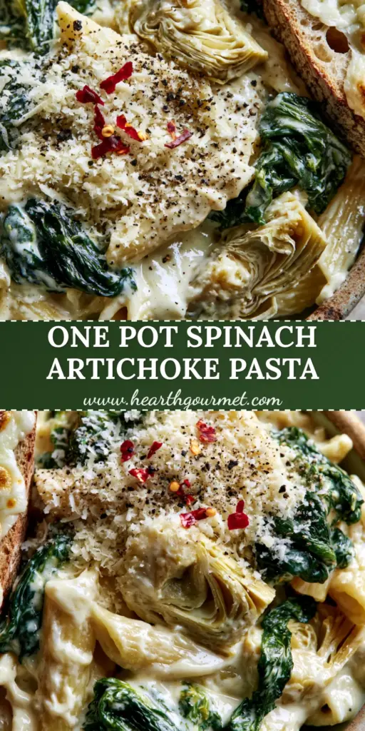 Spinach Artichoke Pasta with Creamy Garlic Sauce and Cheesy Mozzarella Sourdough 4 A close-up vertical shot of creamy spinach artichoke pasta in a ceramic bowl with a side of toasted mozzarella sourdough bread.