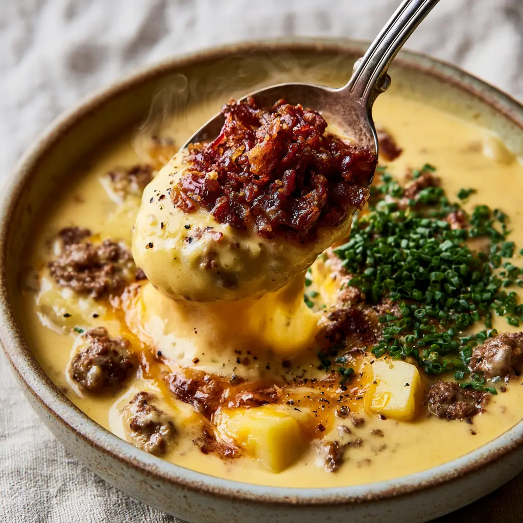 A heavy silver spoon lifting a scoop of cheesy potato hamburger soup with a thick, slow-dripping cheese pull.