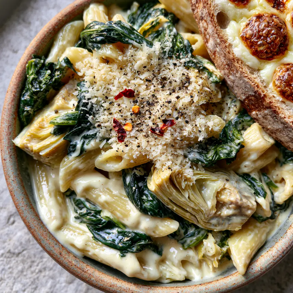 Spinach Artichoke Pasta with Creamy Garlic Sauce and Cheesy Mozzarella Sourdough 2 Extreme close-up of penne pasta coated in a glossy white cream sauce with wilted spinach and artichokes. (spinach artichoke pasta)