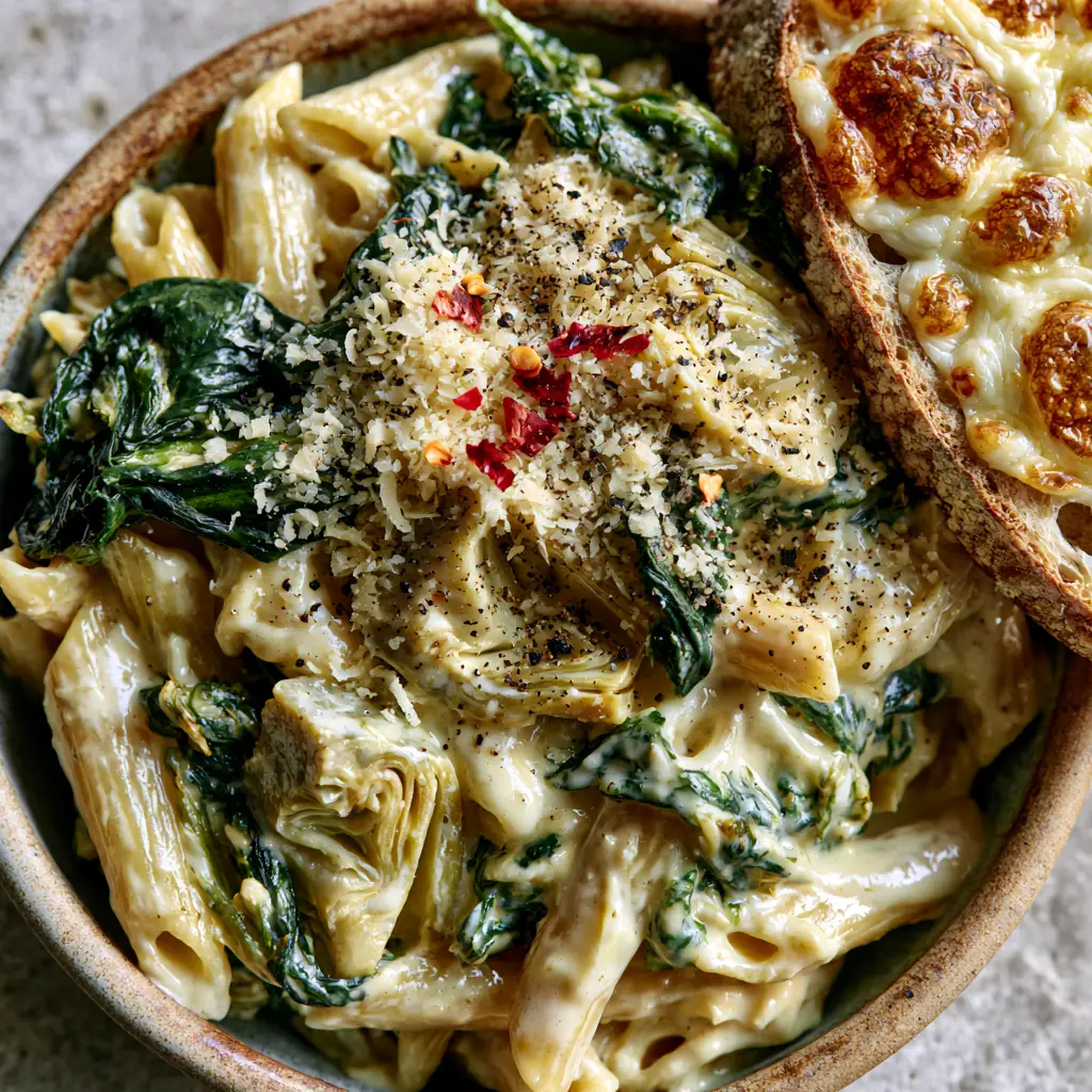 Spinach Artichoke Pasta with Creamy Garlic Sauce and Cheesy Mozzarella Sourdough 1 Close-up of a rustic bowl of spinach artichoke pasta topped with micro-planed parmesan and red chili flakes.