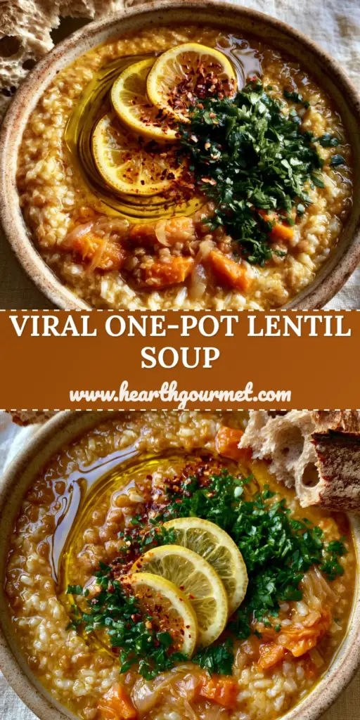 A rustic bowl of golden lentil rice soup with lemon slices and parsley garnish next to crusty sourdough bread.