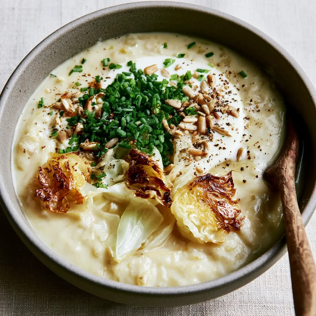 Creamy Cabbage Soup: A Velvety Ivory Masterpiece 1 Detailed view of pan-seared golden cabbage and chives on top of thick creamy cabbage soup.