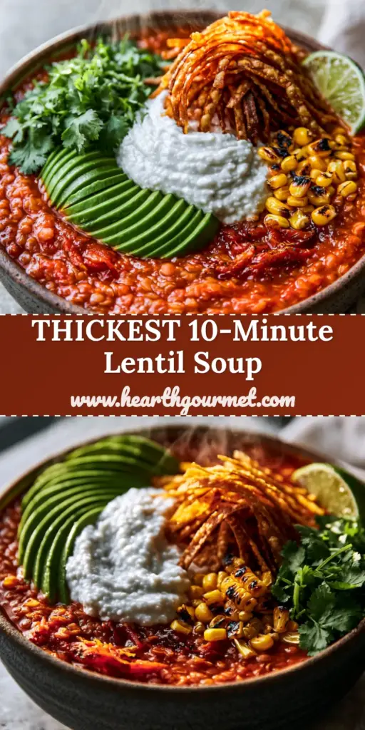 Lentil Tortilla Soup: A Hearty Red Lentil Twist on a Mexican Classic 4 A rustic bowl of thick Lentil Tortilla Soup garnished with avocado, tortilla strips, and vegan crema on a stone countertop.