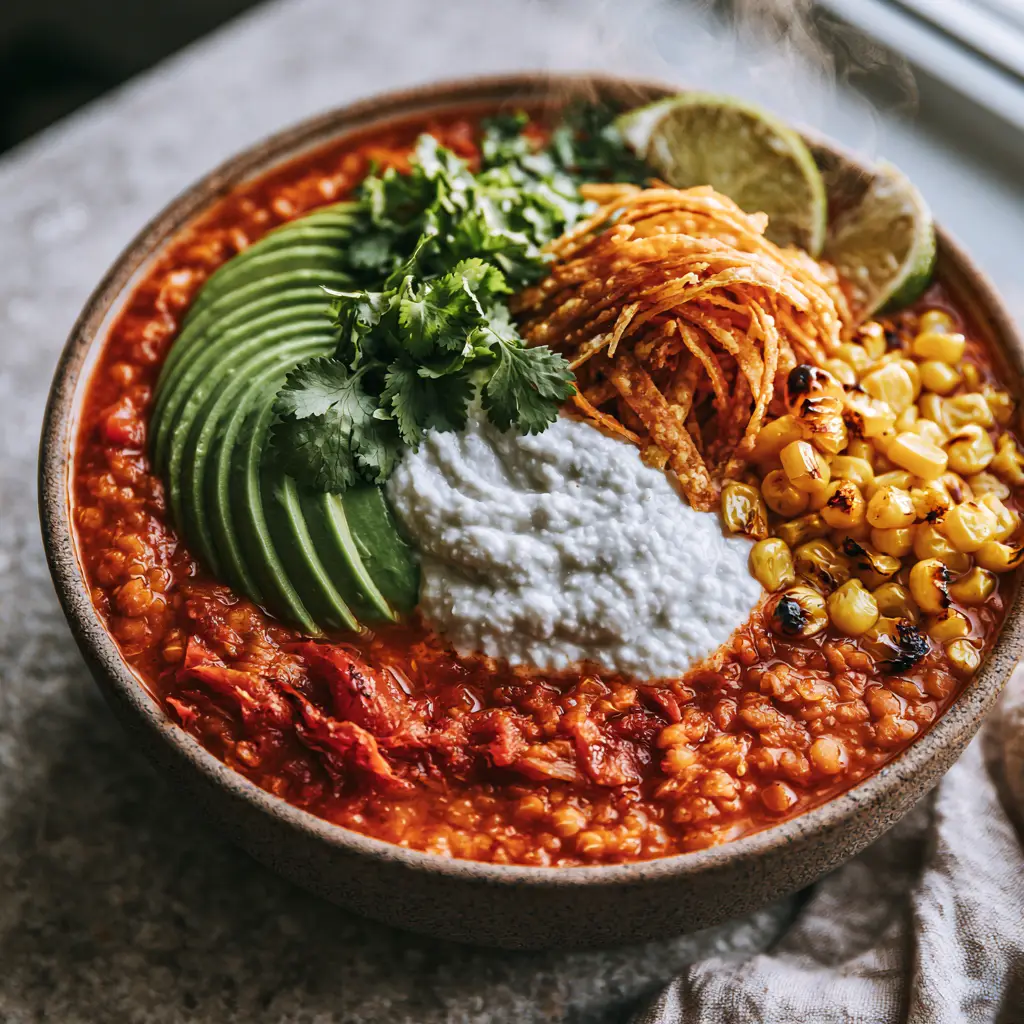 Lentil Tortilla Soup: A Hearty Red Lentil Twist on a Mexican Classic 1 Overhead view of Lentil Tortilla Soup with a precise avocado fan and a heavy dollop of vegan crema.