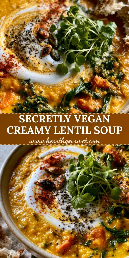 A close-up vertical shot of a vibrant golden-orange veggie lentil soup with a coconut cream swirl, kale ribbons, and pumpkin seeds. (veggie lentil soup)