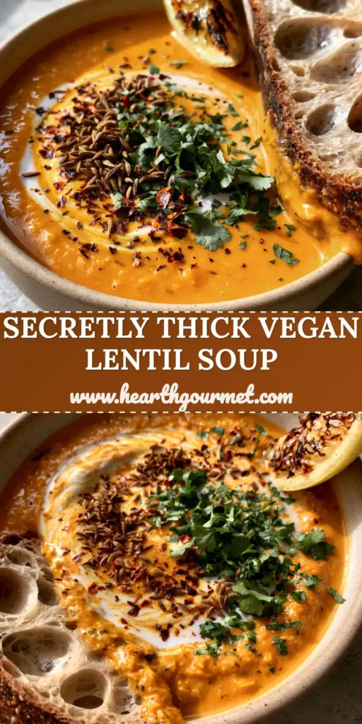 Vegan Lentil Soup with Creamy Coconut and Toasted Cumin 4 A close-up vertical shot of a matte ceramic bowl containing thick orange vegan lentil soup with a coconut milk swirl and toasted cumin seeds, served with sourdough bread.