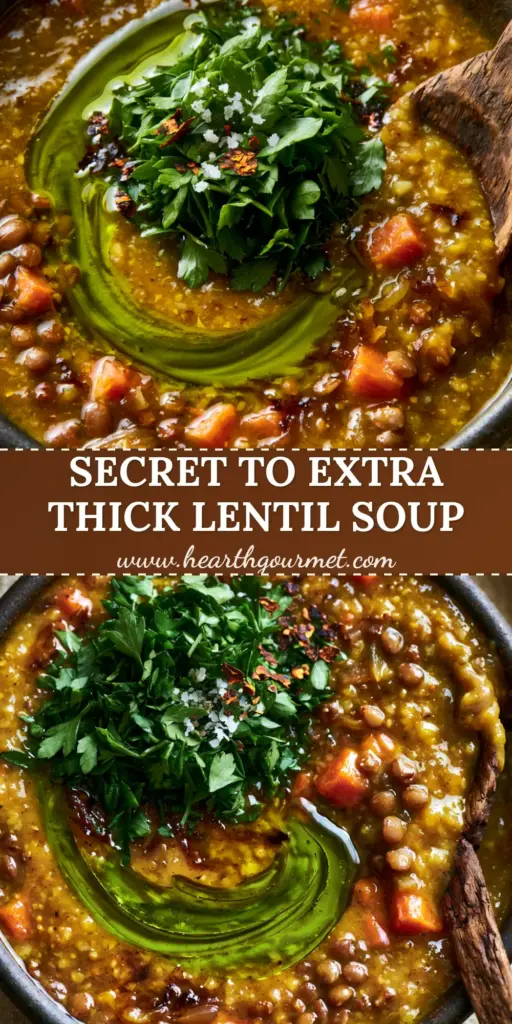 Vegetable Lentil Soup with Caramelized Onions and Toasted Tomato Paste 4 A rustic dark bowl of ultra-thick Vegetable Lentil Soup with a vibrant green olive oil swirl and fresh parsley garnish on a beige linen cloth.