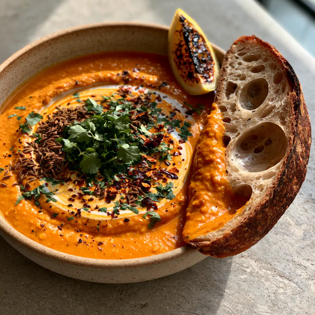 Vegan Lentil Soup with Creamy Coconut and Toasted Cumin 2 A handheld smartphone photo of a matte ceramic bowl filled with velvety sunset orange vegan lentil soup, topped with cilantro and a charred lemon wedge.