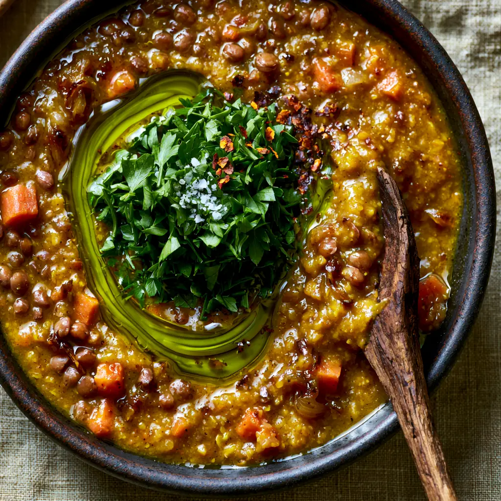 Vegetable Lentil Soup with Caramelized Onions and Toasted Tomato Paste 2 Overhead extreme close-up of Vegetable Lentil Soup showing tender brown lentils, soft carrots, and a pool of extra virgin olive oil.