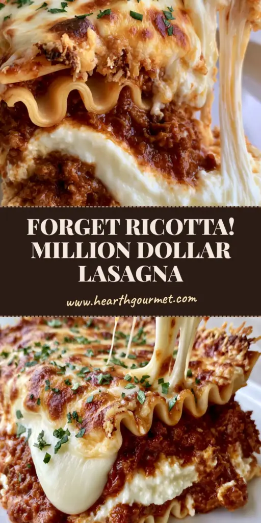 Million Dollar Lasagna Recipe: The Ultimate Creamy, Cheesy Comfort Food 4 A thick slice of Million Dollar Lasagna showing wavy noodles, beef bolognese, and a creamy white center with a dramatic cheese pull. (Million Dollar Lasagna recipe)