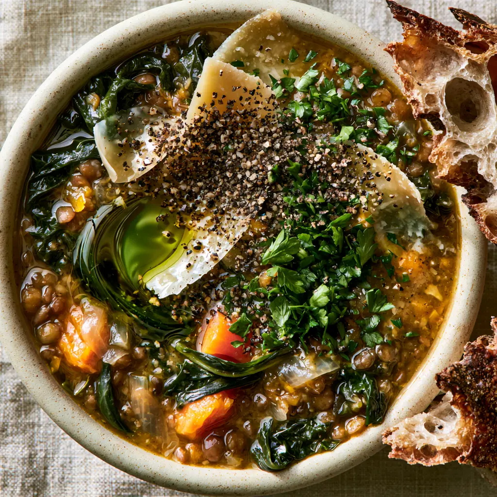 Tuscan Lentil Soup with Wilted Kale and Shaved Parmesan 2 Macro view of thick golden vegetable broth with brown lentils, wilted kale ribbons, and melting parmesan cheese.