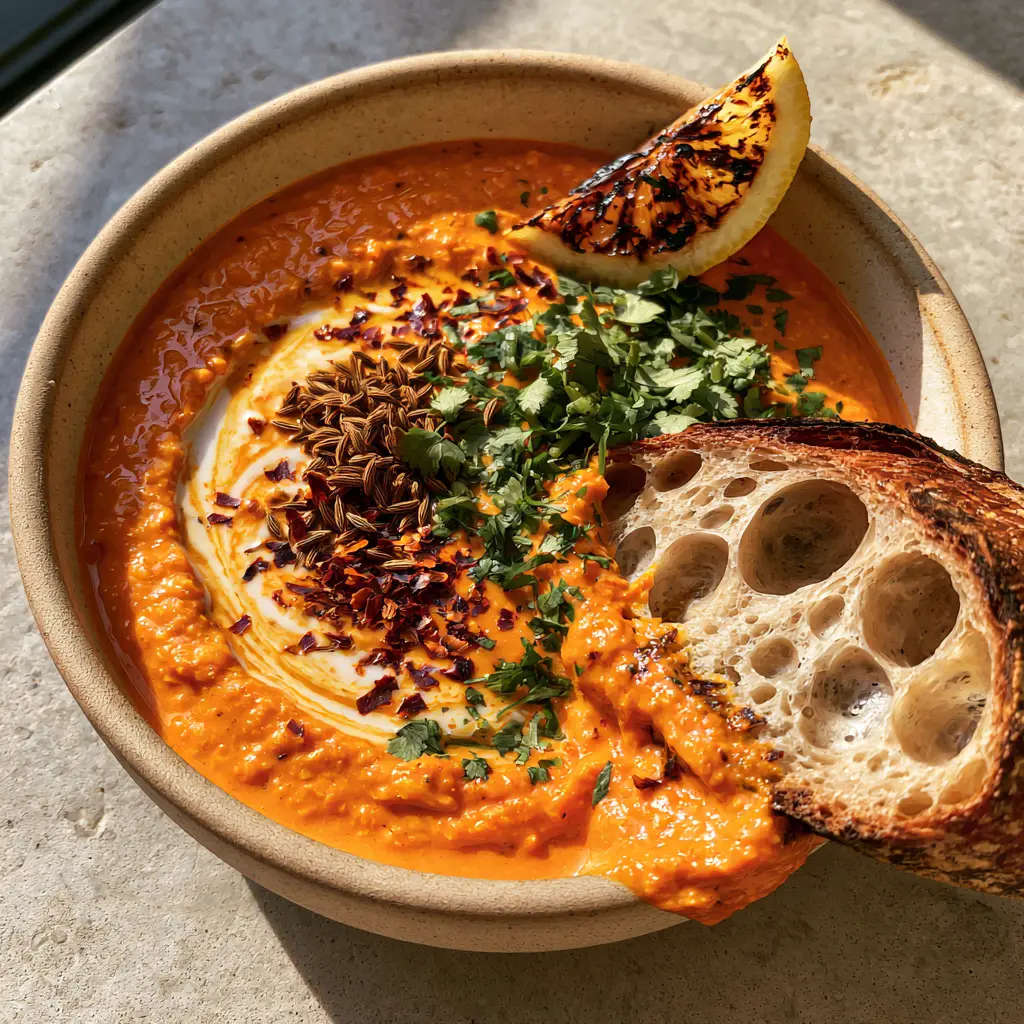 Vegan Lentil Soup with Creamy Coconut and Toasted Cumin 1 A thick slice of rustic sourdough bread partially submerged in vibrant orange vegan lentil soup, showing the heavy consistency.