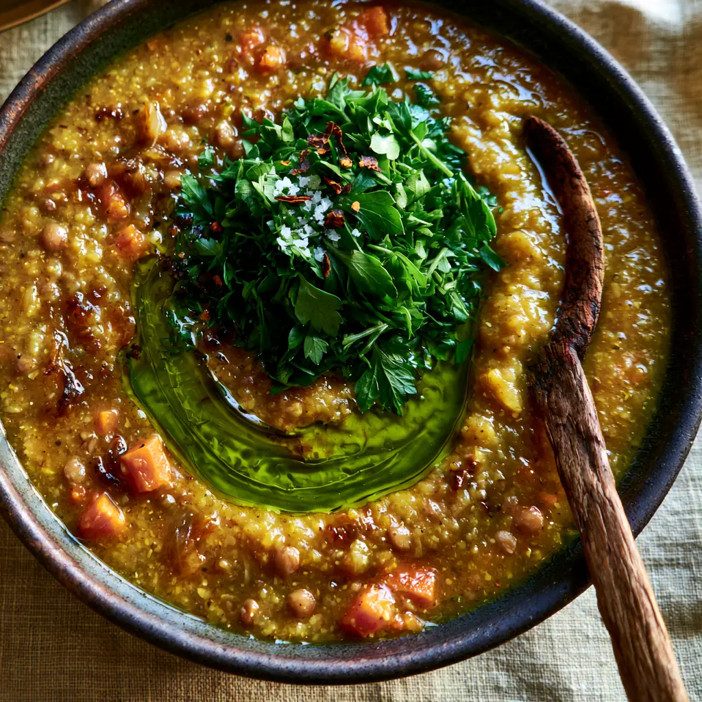 Vegetable Lentil Soup with Caramelized Onions and Toasted Tomato Paste 1 A wooden spoon dipped into a thick Vegetable Lentil Soup, highlighting the meaty consistency and caramelized onion flecks.