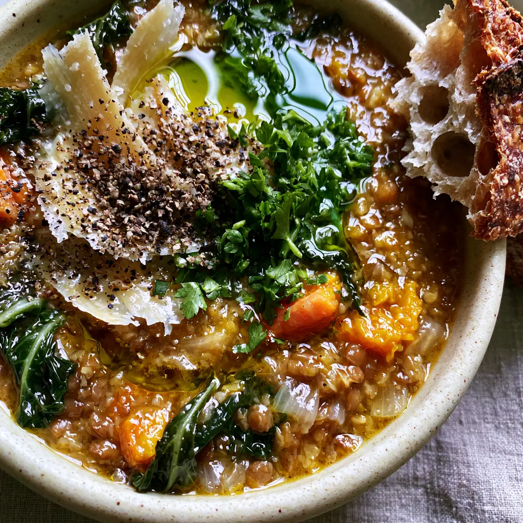 Tuscan Lentil Soup with Wilted Kale and Shaved Parmesan 1 Close up of jagged sourdough bread with air pockets next to a bowl of Tuscan Lentil Soup.