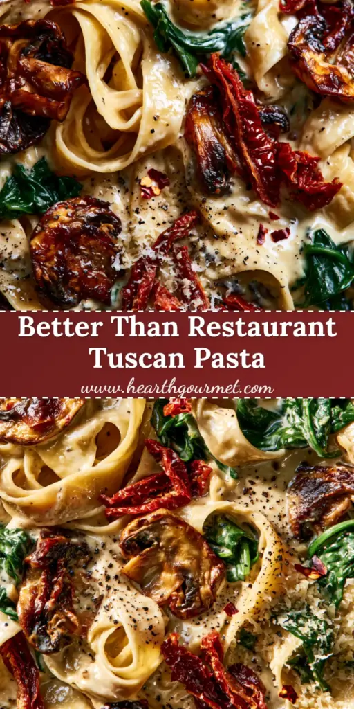 Overhead view of a cast iron skillet with Creamy Tuscan Mushroom Pasta, featuring seared mushrooms, sun-dried tomatoes, and spinach in a garlic parmesan sauce.