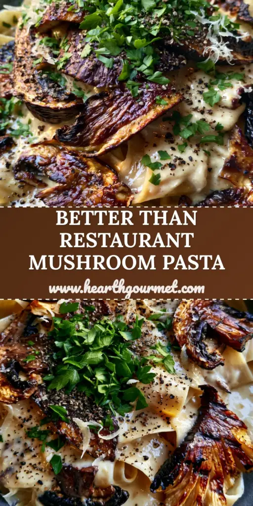 A top-down view of creamy Pasta with Portobello Mushroom in a charcoal bowl, garnished with parsley and parmesan.