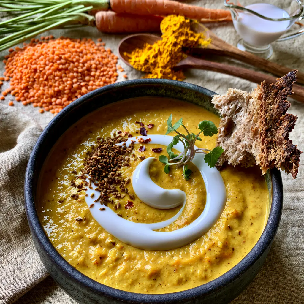 Carrot Lentil Soup with Velvety Coconut Milk and Toasted Cumin 2 A top-down view of raw ingredients for carrot lentil soup, including red lentils, whole carrots with green stems, and turmeric powder.