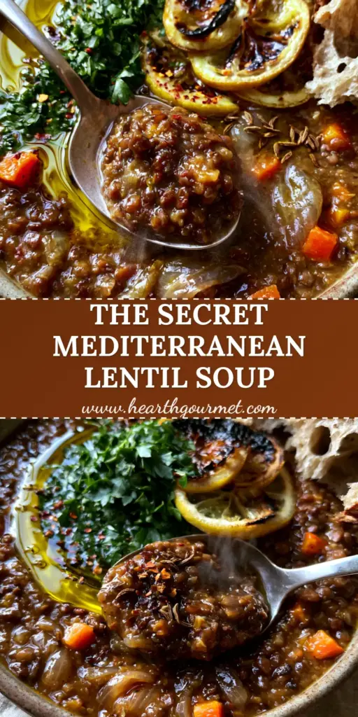 Vegetarian Lentil Soup with Charred Lemon and Toasted Cumin 3 A rustic matte ceramic bowl of thick Vegetarian Lentil Soup with a silver spoon, charred lemons, and sourdough bread.