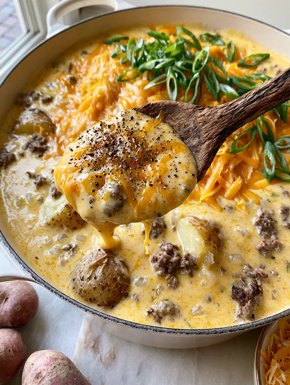 A handheld smartphone photo showing the rich, velvety golden-yellow broth of the Creamy potato and hamburger soup with visible beef crumbles and Yukon gold chunks.