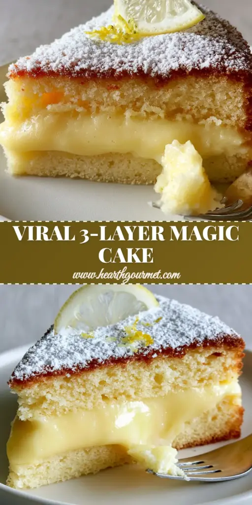 A close-up side view of a slice of Lemon Custard Cake showing three internal layers on a white plate with a lemon slice garnish.